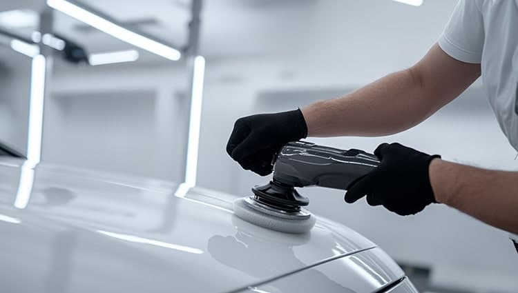 Photo de main en train de polir le capot d'une voiture à l'aide d'une polisseuse électrique